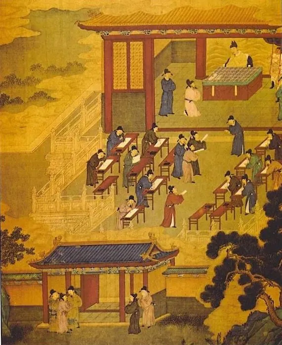 A Tang dynasty painting of China's imperial examinations, scholars at their desks
