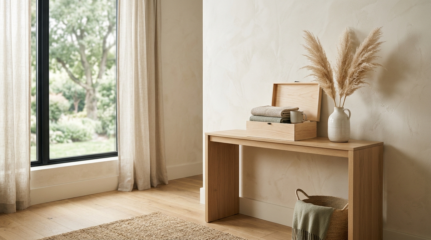 A calm, light-filled corner with a wooden console and dried grasses