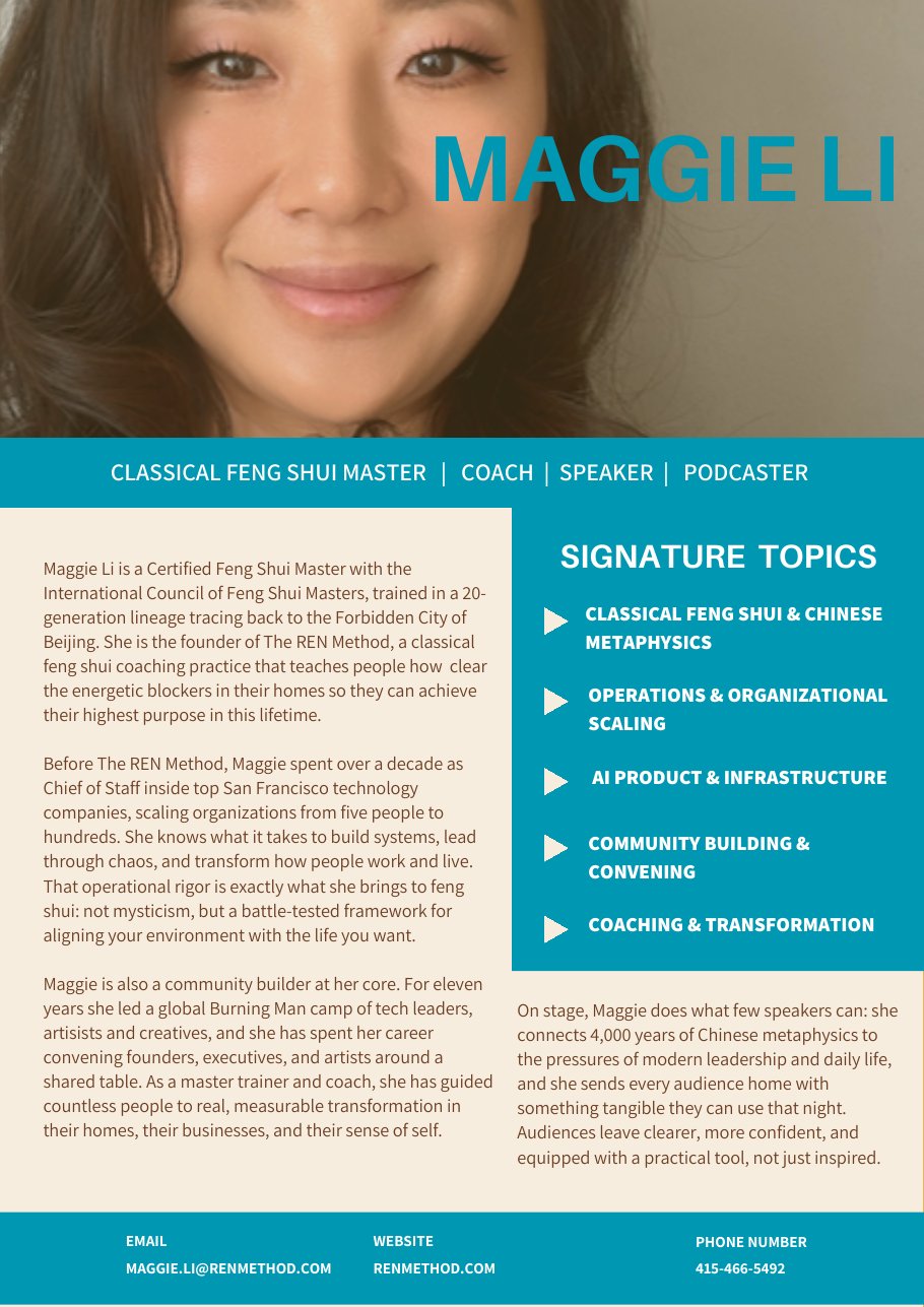 Preview of Maggie Li's speaker kit: biography, signature topics, and contact details